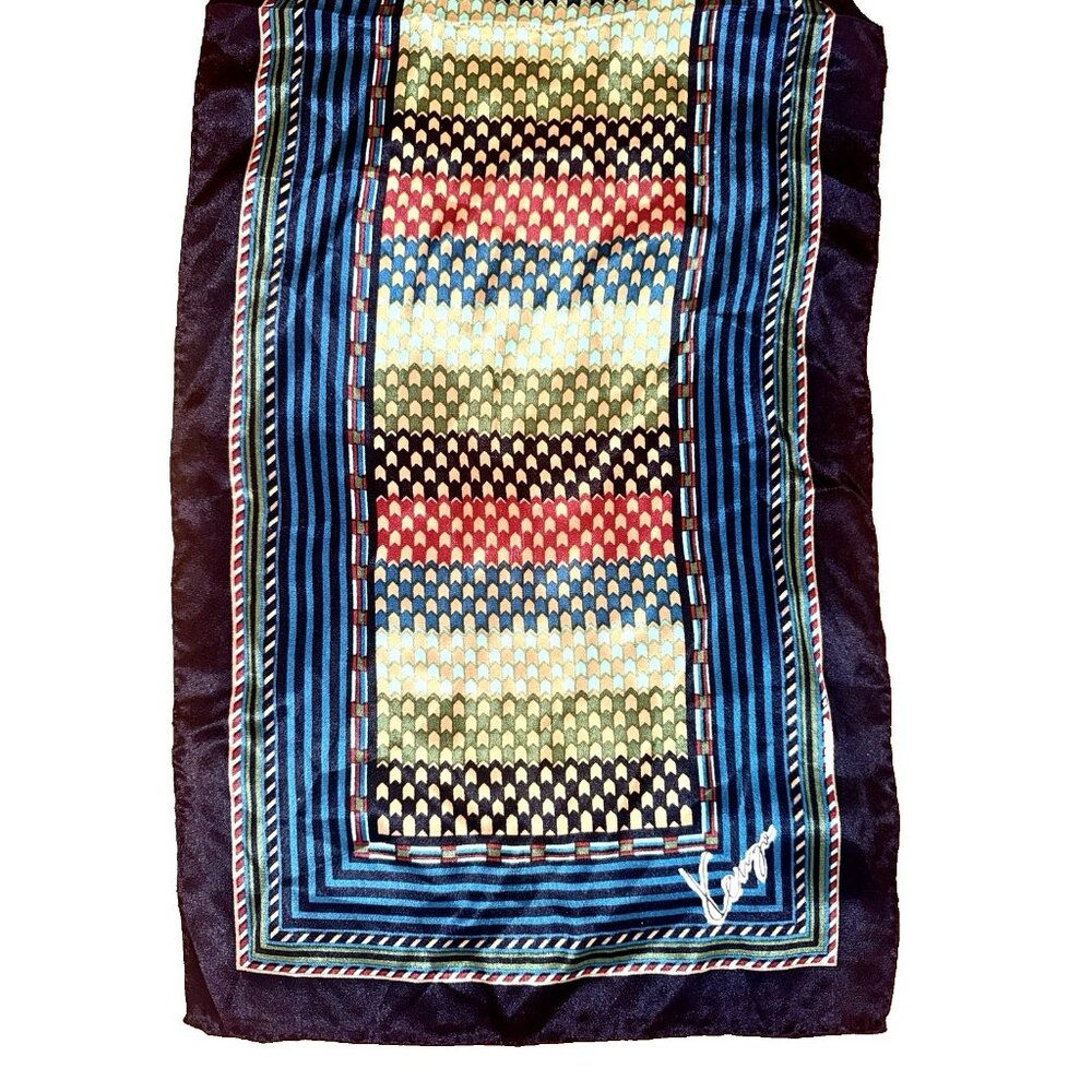 Vtg KENZO 18 Karat OBLONG SILK SCARF 10" x 58" Geometric Tailored Blue Green Tan